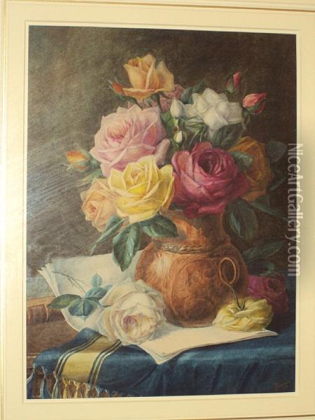 Still Life Of Roses And Sheet Music On A Tabletop Oil Painting - James Barnes