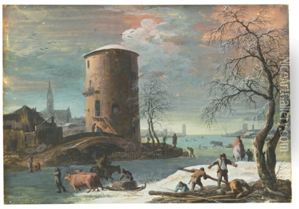 A  Winter Landscape With Men Gathering Timber Near A Tower Along A Frozen Estuary Oil Painting - Marco Ricci