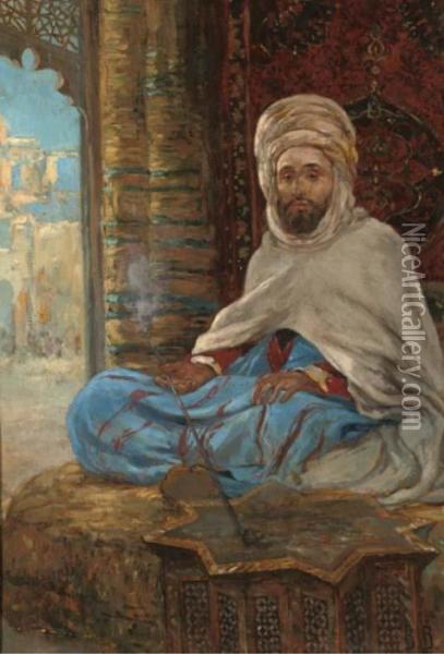 An Ottoman Smoking A Pipe Oil Painting - Leopold Carl Muller