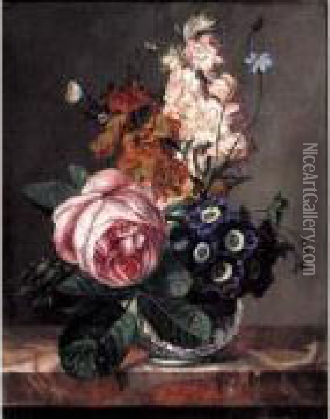 Vase De Fleurs Avec Rose Et Bleuets Sur Un Entablement Oil Painting - Jean Ulrich Tournier