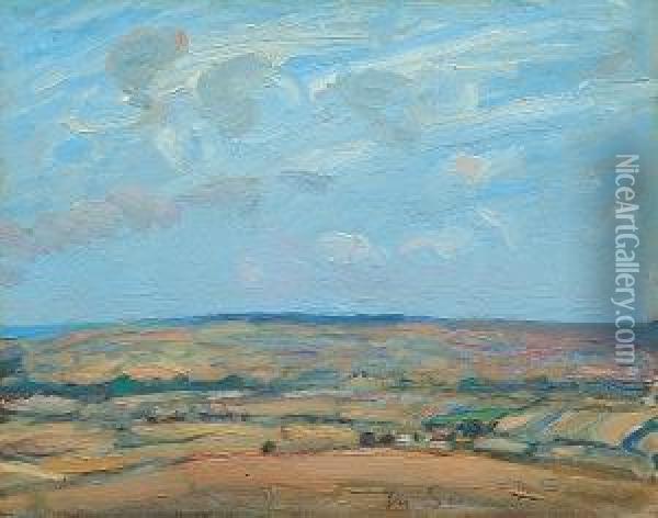 Rural Landscape With Sea Beyond Oil Painting - Mark Senior
