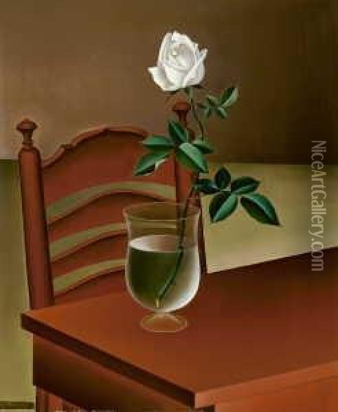 Stilleben Mit Weiser Rose In Einer Glasvase Oil Painting - Josef Mangold