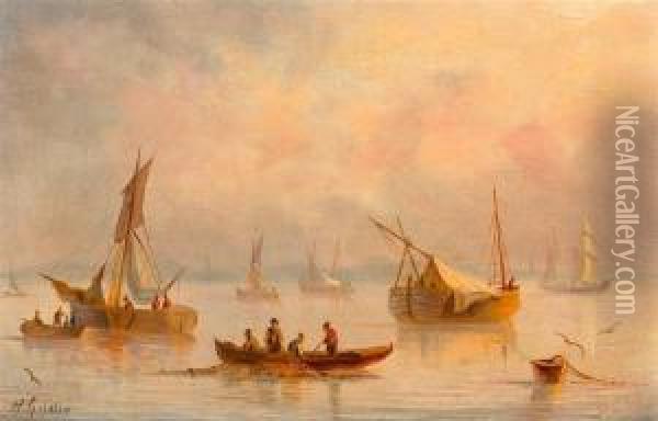 Fischerboote Auf Dem Meer. Oil Painting - Herminie Gudin