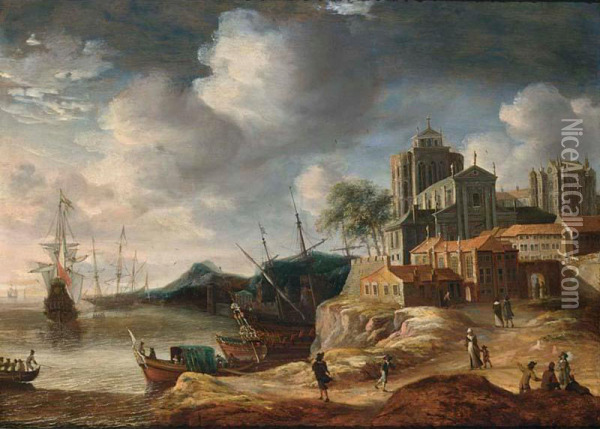 A Capriccio Coastal Landscape With Classical Buildings, With A State Yacht And Other Shipping, Figures On A Path Towards City Walls Oil Painting - Anthonie Beerstraten