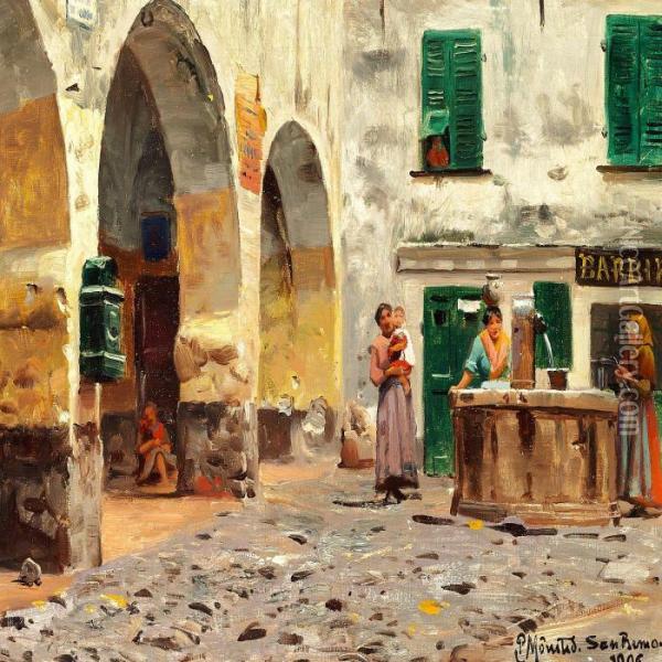 Italian Women At Afountain On A Square In San Remo Oil Painting - Peder Mork Monsted