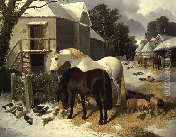 The Farmyard in Winter Oil Painting - John Frederick Herring Snr