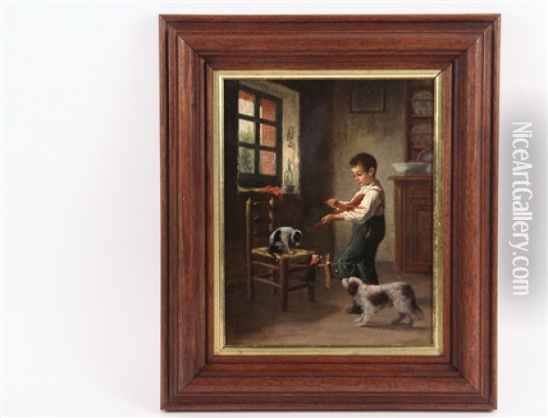 Boy Amusing Two Dogs With Marionette Oil Painting - Jean-Paul Haag