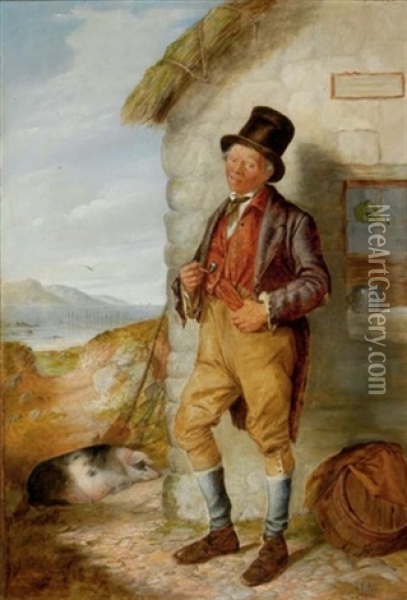 Farmer With Pig Oil Painting - Erskine Nicol