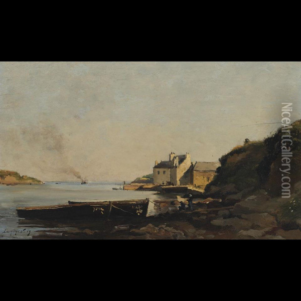 Coastal Scene With Beached Boats Oil Painting - Emmanuel Lansyer