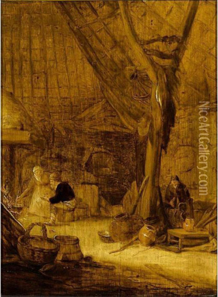 Barn Interior With Peasants Eating Oil Painting - Isaack Jansz. van Ostade