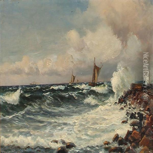 View From A Pier With Tall Waves Oil Painting - Holger Peter Svane Lubbers