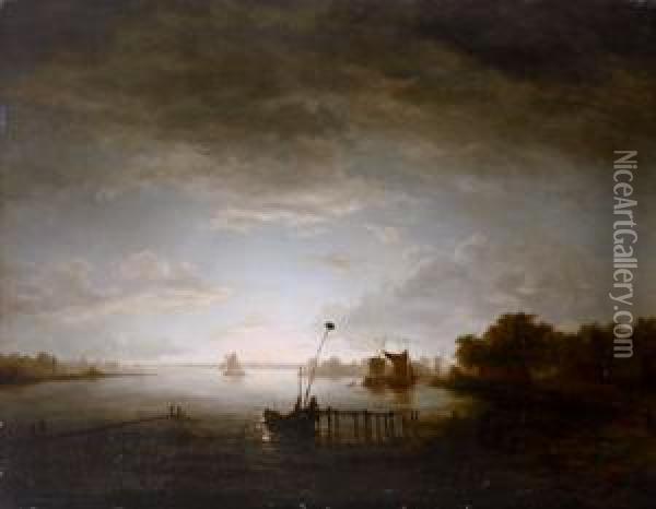 Paesaggio Fluviale Illuminato Dalla Luna Con Pescatori Oil Painting - Jacobus Theodorus Abels