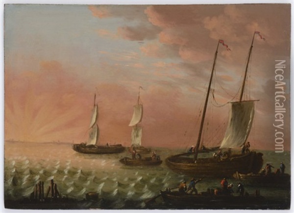 Fishing Boats At Sea Oil Painting - Norbert Joseph Carl Grund