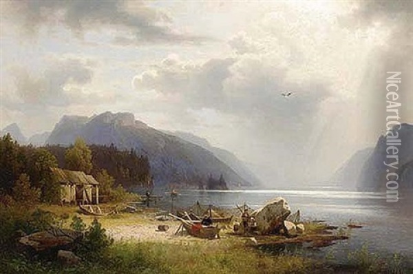 Fishing In An Alpine Lake Oil Painting - Hermann Herzog