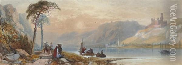 Figures Passing Along The Rhine With Mouse Castle Beyond Oil Painting - James Burrell-Smith