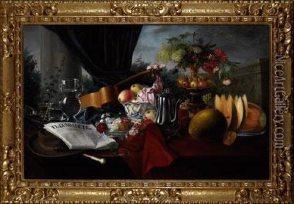 Bodegon Con Frutas,flores Y Periodico Oil Painting - Jose Maria Murillo Y Bracho