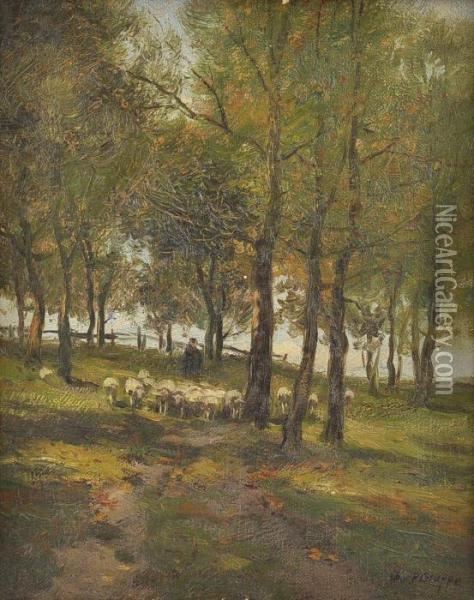 Shepherd And Sheep In A Lane Oil Painting - Charles Paul Gruppe