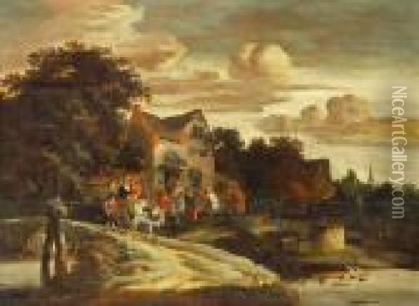 A Village Scene With Figures Carousing Outside An Inn Oil Painting - Rutger Verburgh