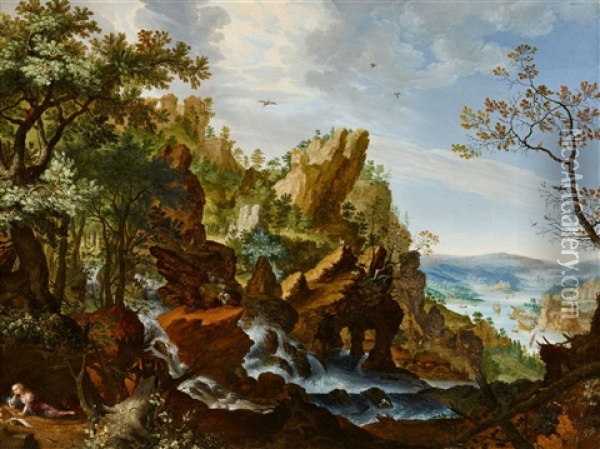 Rocky Landscape With The Penitent Mary Magdalene Oil Painting - Gillis Claesz De Hondecoeter