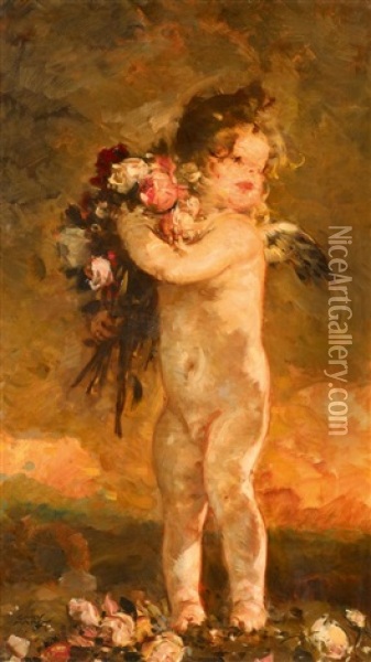 Amor Mit Rosenbouquet Oil Painting - Carl von Marr