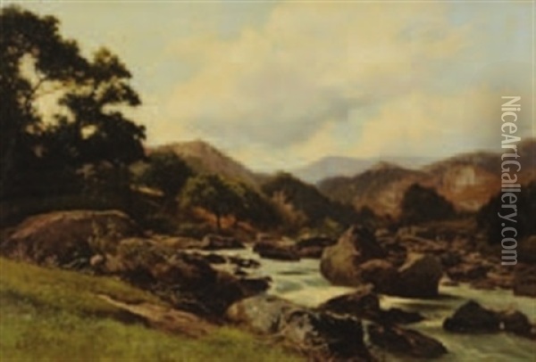 An Extensive Upland Rocky River Landscape Oil Painting - Edward Henry Holder