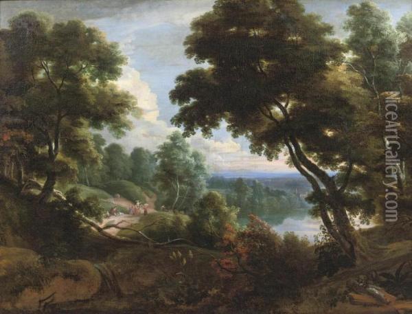 A Wooded River Landscape With Figures Conversing On A Track Oil Painting - Jacques D Arthois