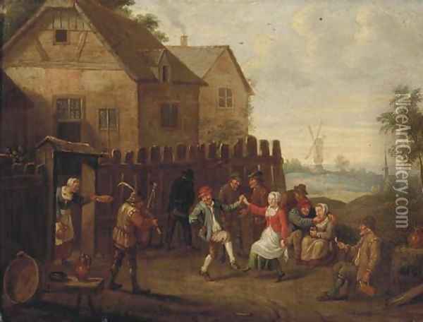 Peasants merrymaking and dancing by an inn Oil Painting - David The Younger Teniers