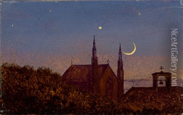 Gotische Kirche Uber Baumwipfeln Bei Mondenschein (kleine Mondscheinlandschaft Mit Kirchlein) Oil Painting - Carl Gustav Carus