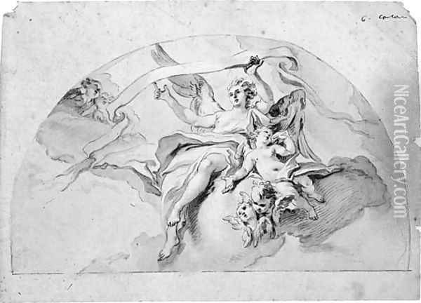 An angel holding a banner, attended by putti design for a lunette Oil Painting - Carlo Innocenzo Carlone