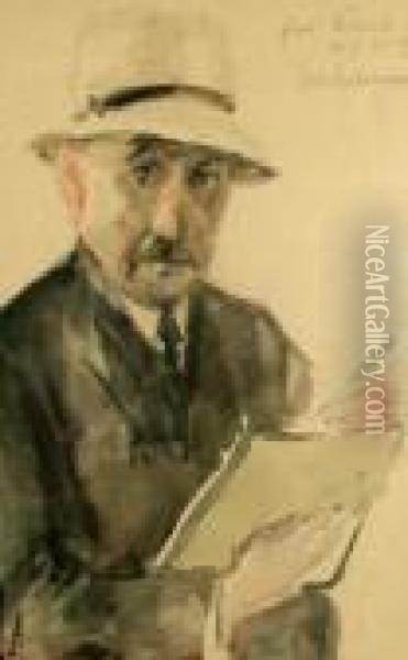 Self-portrait Of The Artist Holding A Sketchingbook Oil Painting - Max Liebermann
