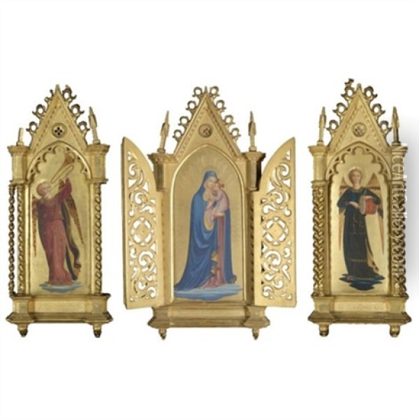 Central Panel: The Madonna And Child; Left Wing: An Angel Playing A Trumpet; Right Wing: An Angel Playing A Drum (triptych; In Collab. W/giovanni Da Fiesole) Oil Painting - Zanobi Di Benedetto Strozzi