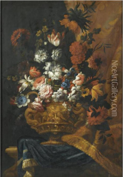 Still Life With Flowers In An Elaborate Oil Painting - Pieter III Casteels