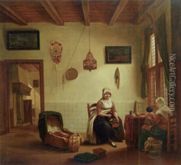 A Domestic Interior With Women Preparing Coffee Oil Painting - Hendrick Van Der Burgh