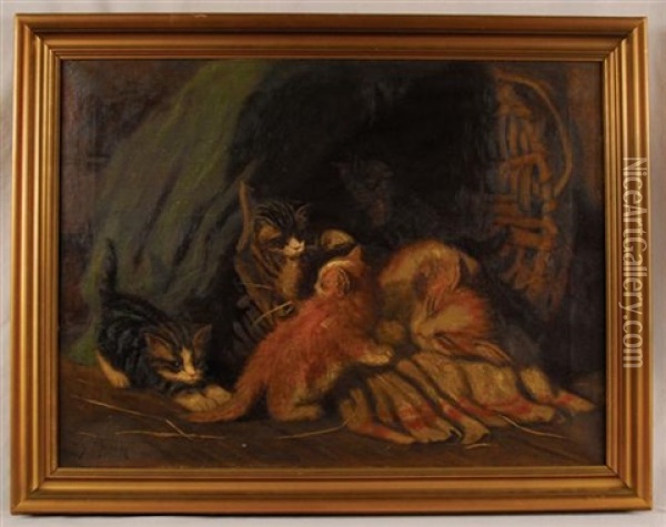 Kittens Frolicking With Mom Oil Painting - Sidney Lawrence Brackett