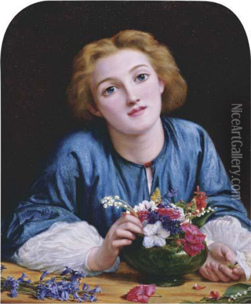 Young Girl With Flowers Oil Painting - Henry Wallis