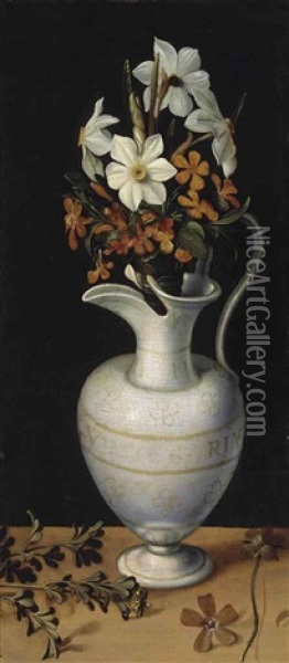 Narcissi, Calamine Violets And Periwinkle In A Facon-de-venise Ewer, On A Ledge With A Sprig Of Rue Oil Painting - Ludger Tom Ring the Younger