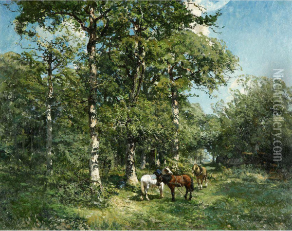 Horses In The Forest Oil Painting - Godefroy de Hagemann