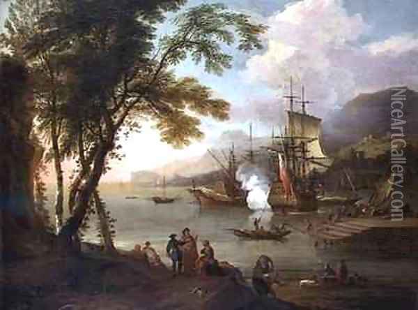 A capriccio of a Mediterranean harbour with shipping merchants and dockhands Oil Painting - Adriaen Van Diest