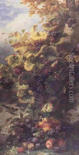 Grapes, Plums, Peaches And A Bird Oil Painting - Jean-Baptiste Robie
