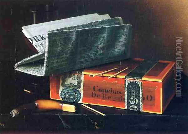 Still Life with Cigar, Pipe, New York Herald and Wiine Glass Oil Painting - William Michael Harnett