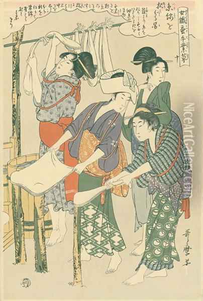 Stretching the silk floss, no.10 from Joshoku kaiko tewaza-gusa, c.1800 Oil Painting - Kitagawa Utamaro
