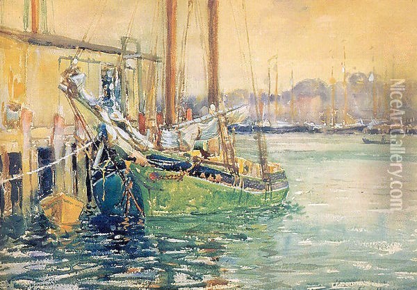 Gloucester Dock with Sailboat Oil Painting - Ferenc Martyn