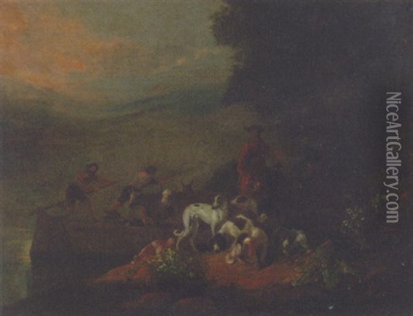 A Huntsman With Dogs In A Wooded Lake Landscape Oil Painting - Adriaen Cornelisz Beeldemaker