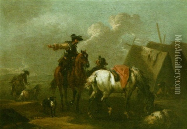 An Encampment With Horsemen And A Dog Oil Painting - August Querfurt