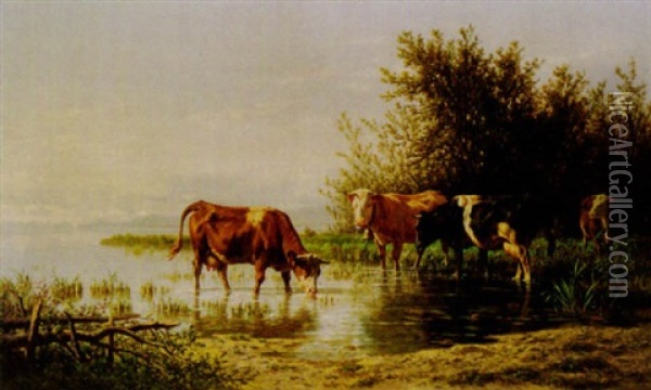Kuhe Am See Oil Painting - Charles (Jean-Ch. Ferdinand) Humbert