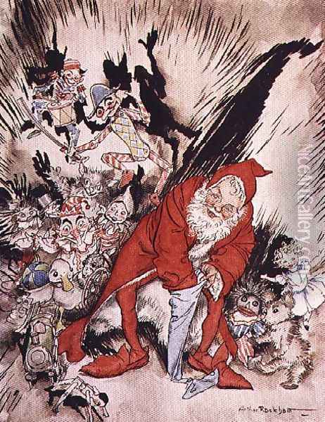 Christmas illustrations, from The Night Before Christmas by Clement C. Moore, 1931 99;Father Christmas filling the stockings; A Visit from St. Nicholas; poem Oil Painting - Arthur Rackham