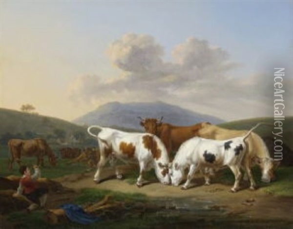 Zwei Kampfende Stiere Oil Painting - Johann Baptist Dallinger von Dalling the Younger