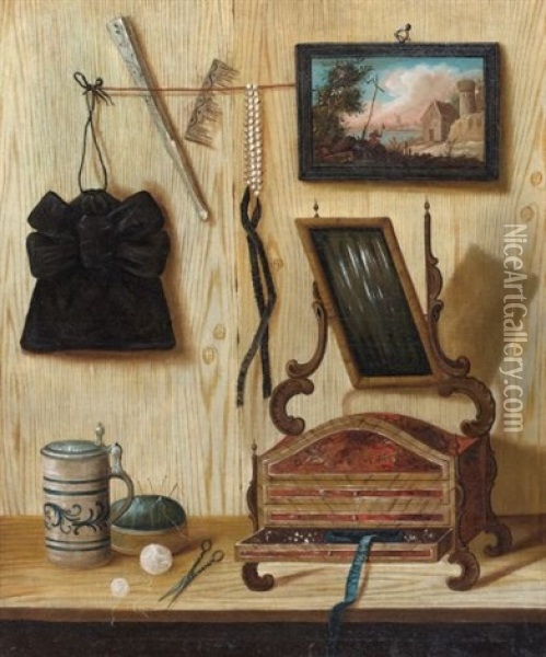 Trompe L'oeil Au Coffret A Bijoux (+ Trompe L'oeil Aux Volatiles Et Au Gigot; Pair) Oil Painting - Andrea Domenico Remps