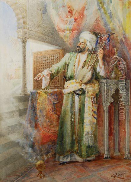 An Arab Playing Music Oil Painting - E. Raggi
