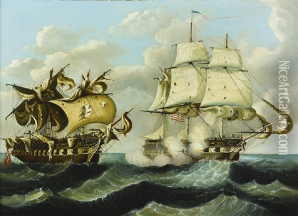 Capture Of H.b.m Frigate Macedonian By The U.s.s. United States On October 25, 1812 Oil Painting - Thomas Chambers